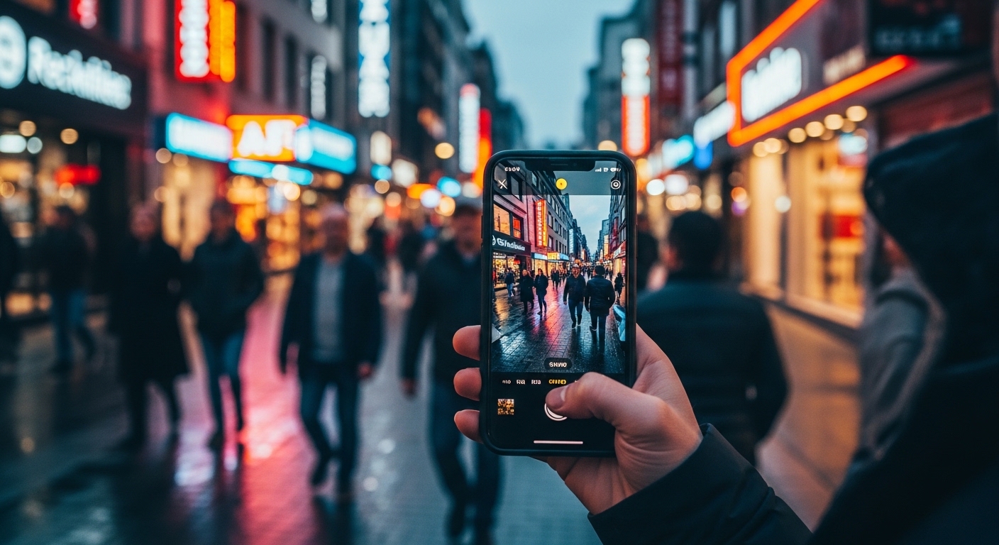 A person holding a smartphone to capture a photo of a crowded city street at night with glowing neon signs and wet pavement reflections.